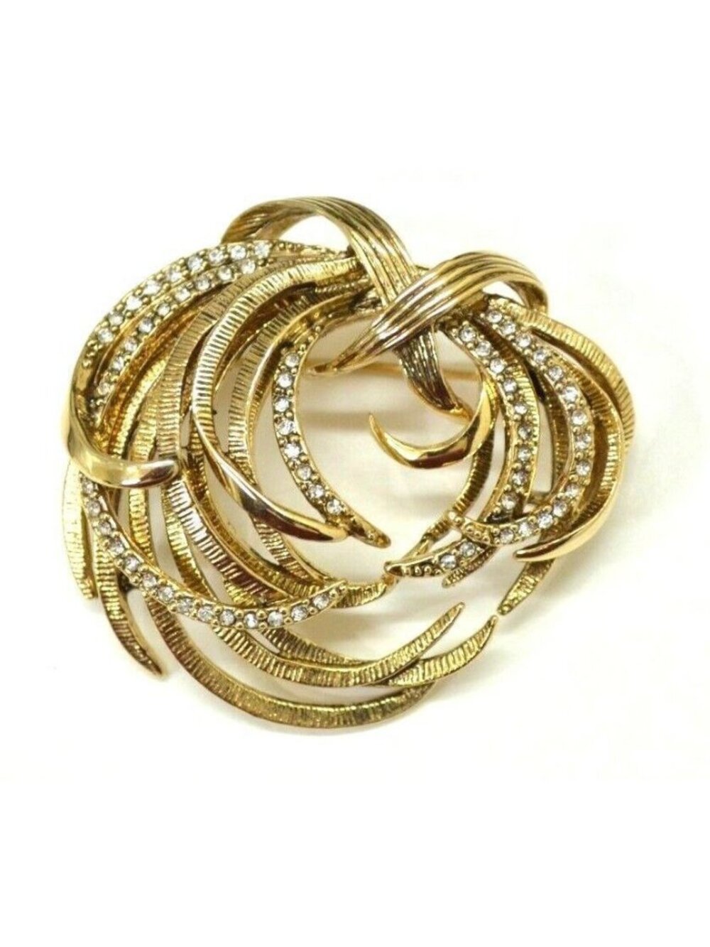 Monet Rhinestone Brooch Pin Gold Tone Clear Gem Swirl Fine Fashion Lapel Signed
